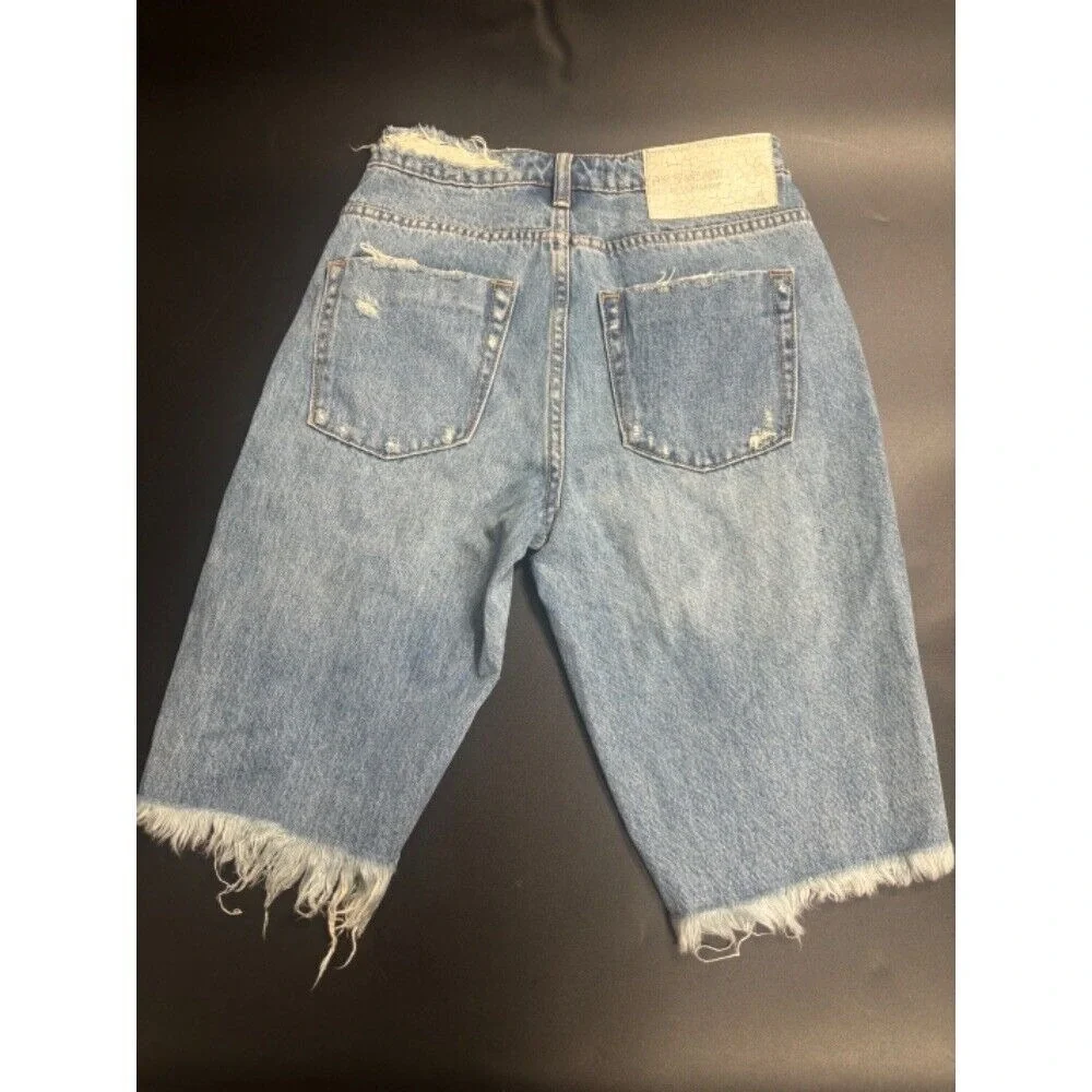 One Teaspoon NWT Long Trucker Denim Distressed Shorts in Blue Size 24‎ MSRP $135